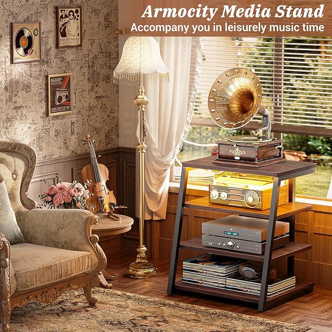Armocity 4-Tier AV Media Stand with Power Strips, Corner TV Stand with LED Lights, Rack Audio Tower with Adjustable Shelves, Corner Entertainment Center, 30'', Black Walnut