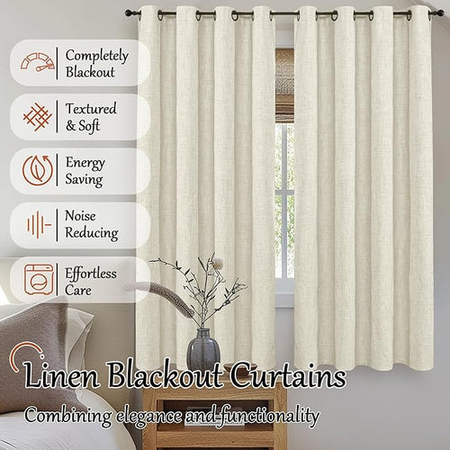 60 Inch Wide Linen Blackout Curtains for Bedroom 63 Inch Length 2 Panels, Total Black Out Thermal Insulated Energy Efficiency Grommet Boho Window Drapes White Liner for Modern Farmhouse, Natural