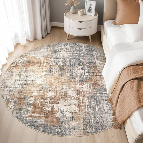5ft Round Area Rug Living Room Rugs - 5x5 Washable Large Soft Indoor Neutral Modern Abstract Low Pile Rug Carpet for Bedroom Dining Room Farmhouse Home Office - Grey Brown