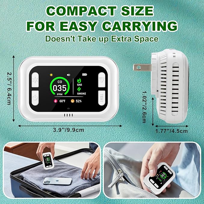 Carbon Monoxide Detector Plug in Wall, 5 in 1 Natural Gas Detector & Smoke Alarm with HD Digital Screen, Portable Smoke Detector for Travel, CO Propane Gas Detector for Home Hotel Camping RV (White)