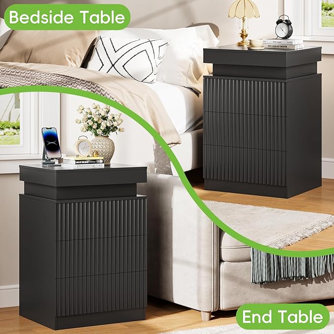 Nightstand with Charging Station & LED Lights, Modern Small Fluted Bedside & End Table with 3 Drawers, Sliding Top & Hidden Storage, Wooden Farmhouse Night Stand for Bedroom Office or Sofa, Black