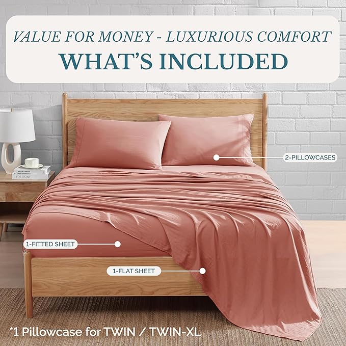 Casa Platino Bedding Sheets & Pillowcases, Pre-Washed Ultra Soft & Breathable Bed Sheets Twin, Brushed Microfiber Sheet Set, Fade Resistant Twin Size Sheets Set with Deep Pockets - Rose Dawn