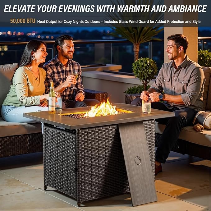 Belord Wicker Patio Furniture Set with 41” Fire Pit Table - Swivel Rocker Glider Outdoor Chairs with Sofa and Glass Top Side Table, All-Weather Removable 6" Beige Seat Cushion for Warm Patio Evenings