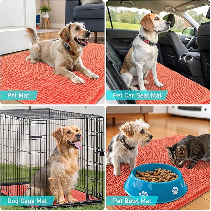 OLANLY Dog Door Mat for Muddy Paws 54x32, Absorbs Moisture and Dirt, Absorbent Non-Slip Washable Doormat, Quick Dry Chenille Mud Mat for Dogs, Entry Indoor Entryway Carpet for Inside Floor, Coral