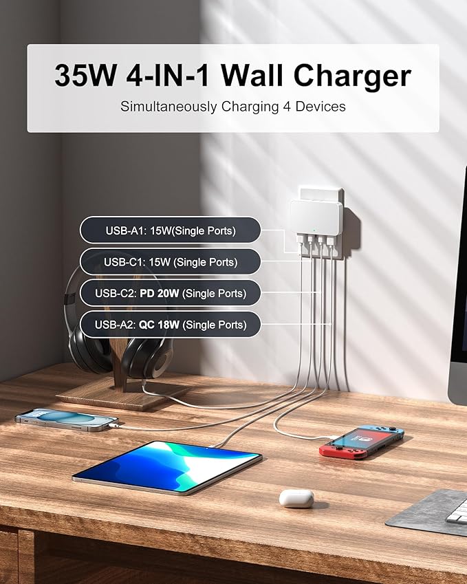 KWRNVO Flat USB Wall Charger 4 Ports Slim 35W USB-C/A Flodable Plug Fast Charging Block for iPhone 8/9/10/11/12/13/14/15 Multiport Power Charging Adapter for ipad and Galaxy Series S8-10 White