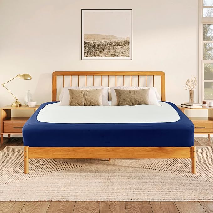 Biscaynebay Decorative Box Spring Cover Full & Full XL Size, Navy Luxurious Jersey Knitting Stretchy Wrap Around 4 Sides Bed Skirt for Home/Hotels, Easy Fit Wrinkle & Fade Free Machine Washable