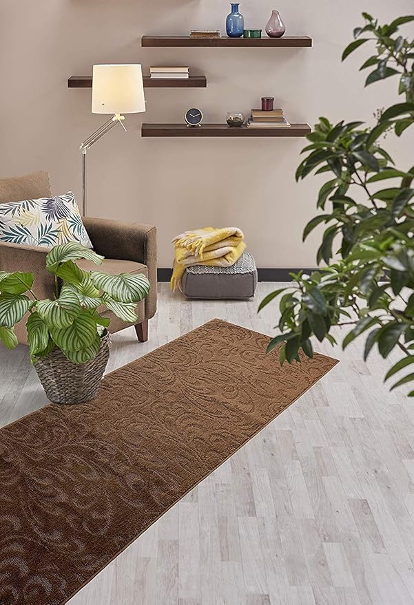 Custom Length Hallway Runner Rug,Slip Resistant,Floral Brown, 26 Inch X 13 feet, Sold and Priced Per Foot