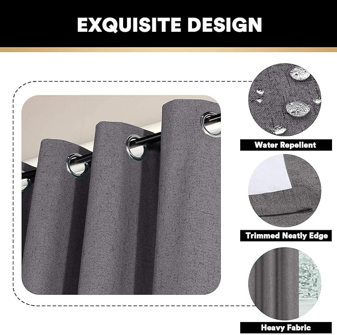 PrinceDeco 100% Blackout Linen Curtains 108 Inches Long 2 Panels Textured Room Darkening Thermal Drapes for Bedroom Dining Room, Soundproof Window Treatment Drapes for Hall Room,Grey, Set of 2