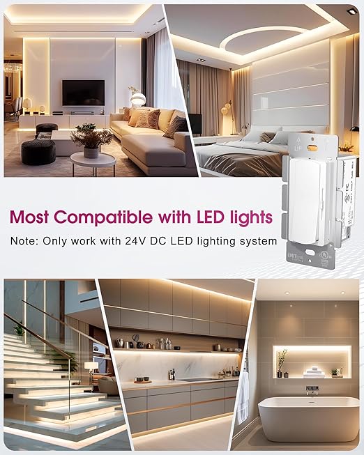 Dimmer Light Switch & 24V 160W Dimmable LED Driver 2 in 1, UL Listed Class 2 Single-Pole or 3-Way Slide Dimmer Switch for Led Lights,120VAC to 24VDC Power Supply for Low Voltage Project, Glossy White