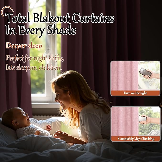 Baby Pink Linen Blackout Curtains for Nursery 80 Inch Length 2 Panels Set, Thermal Insulated Boho Total Black Out Noise Reducing Bonzer Grommets Window Curtains for Girls Bedroom, Each 38 Inch Wide