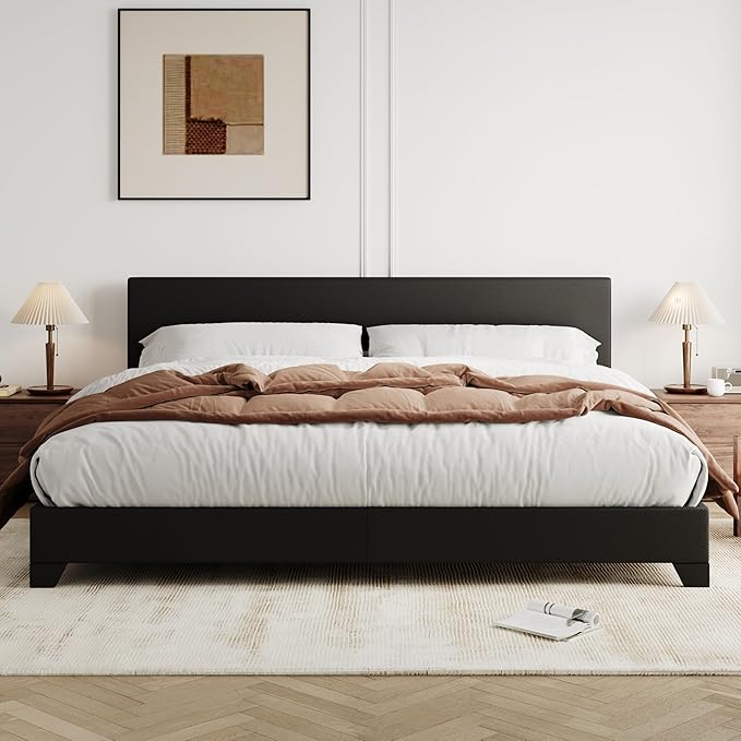Allewie King Size Bed Frame with Adjustable Headboard, Faux Leather Platform Bed with Wood Slats, Heavy Duty Mattress Foundation, No Box Spring Needed, Noise-Free, Easy Assembly, Black