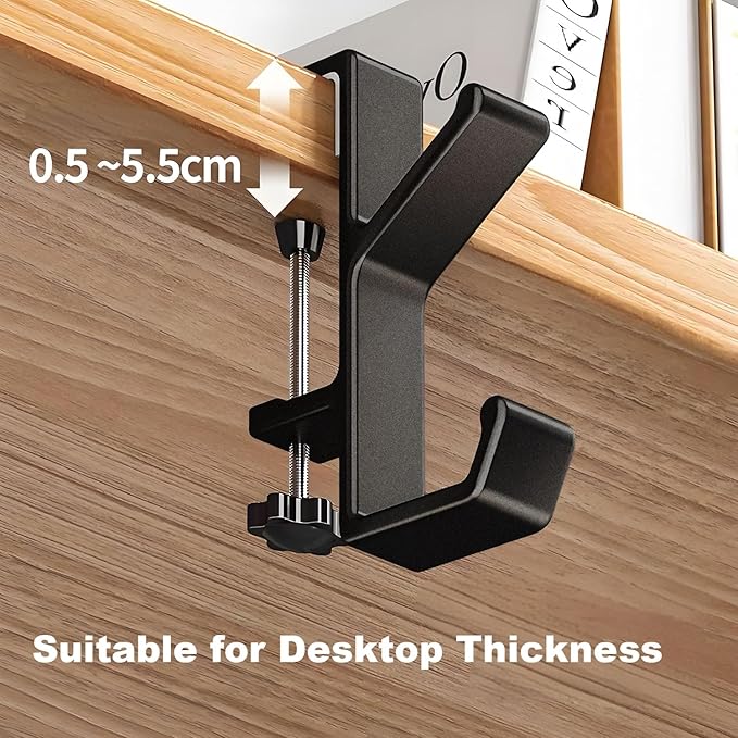 Headphone Stand - Aluminum Alloy Headphone Holder, Under Headset Stand for Desk Fit for PC Gaming Headset Hanger Hook Suitable for Office, Computer, Student Class Desk, Handmade Creator Table (Black2)