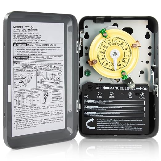 T104 Electromechanical Timer Switch for Lights, Fans, HVAC, 208-277 VAC 40A DPST, 5HP, 12 ON/Off Cycles, Tripper Included – Heavy Duty Pool Timer