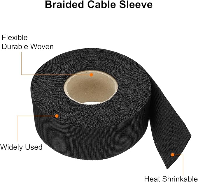 MECCANIXITY Braided Cable Sleeves Heat Shrinkable Fabric Sleeving, 1 3/8" 40ft Black 2:1 Ratio Heat Shrinkable Cord Protector for Harness Cable, Network Cable Protection, Cable Management