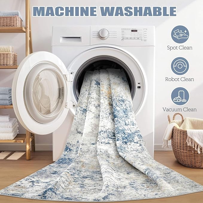 Area Rug Living Room Rugs - 5x7 Abstract Large Soft Indoor Washable Rug Neutral Modern Low Pile Carpet for Bedroom Dining Room Farmhouse Home Office - Blue