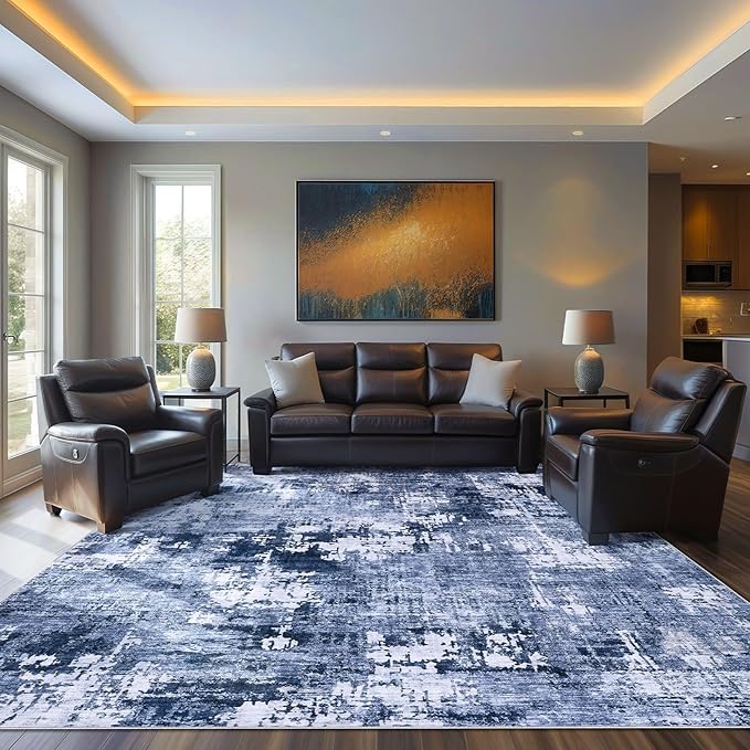 Area Rug Living Room Rugs - 6x9 Washable Large Soft Indoor Neutral Modern Abstract Low Pile Rug Carpet for Bedroom Dining Room Farmhouse Home Office - Navy Blue