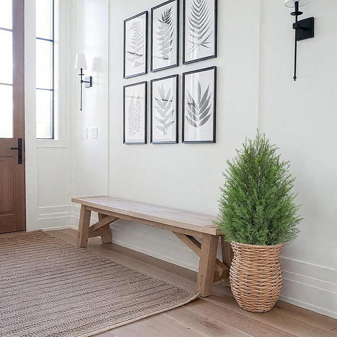 Briful 27” Artificial Cedar Topiary Tree in White Planter – Realistic Faux Evergreen Faux Floor Plant with Layered Leaves, Decorative Indoor Outdoor Potted Shrub for Home, Office, Patio, Porch