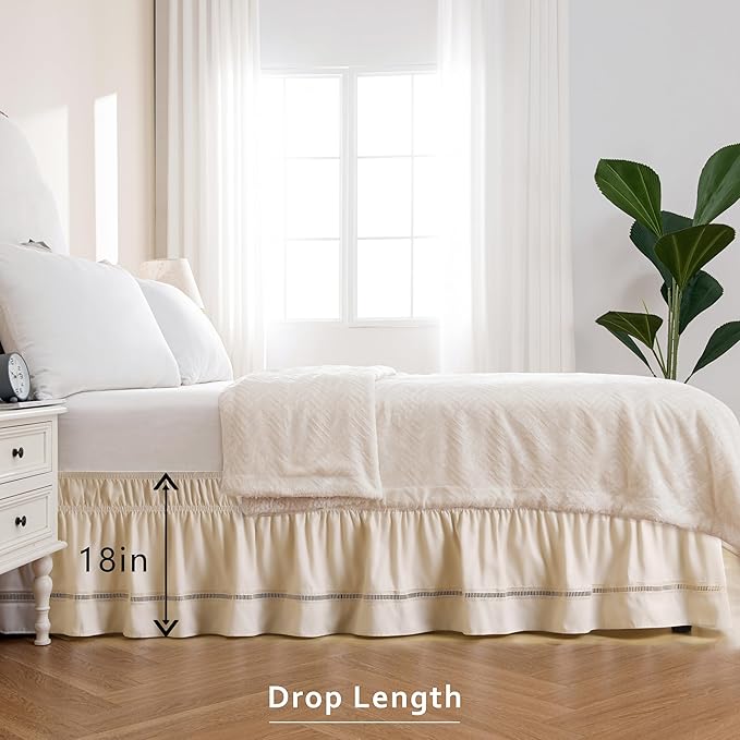 MIYE Wrap Around Ruffled Lace Bed Skirt, Elastic Dust Ruffle with Adjustable Belts, Easy to Put On, Bed Frame Cover, Machine Washable (Ruffled Lace/Light Beige, King/Queen-18 Drop)