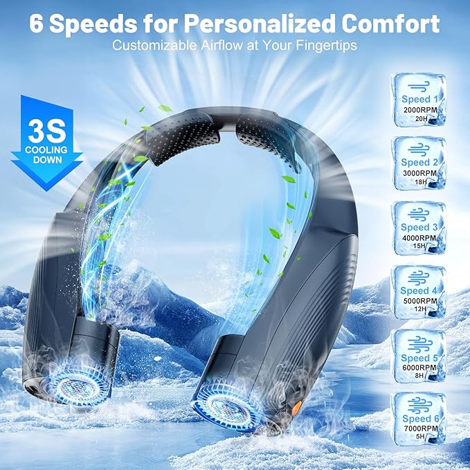 Slientspin AI Portable Neck Fan with 6 Powerful Speeds, 8000mAh Battery Operated USB-C Rechargeable Fan, Hands-Free 360° Cooling Neck Fan,Twistable,Ultra-Quiet Personal Fan Gift for Women Men(Blue)