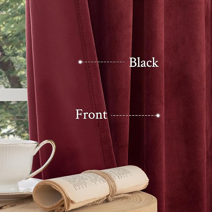 LAMIT Burgundy Red Velvet Curtains for Living Room Theater, 102 Inch Thermal Insulated Panels Vintage Room Darkening Back Tab and Rod Pocket Christmas Drapes for Bedroom, 2 Panels, 52 x 102 Inch