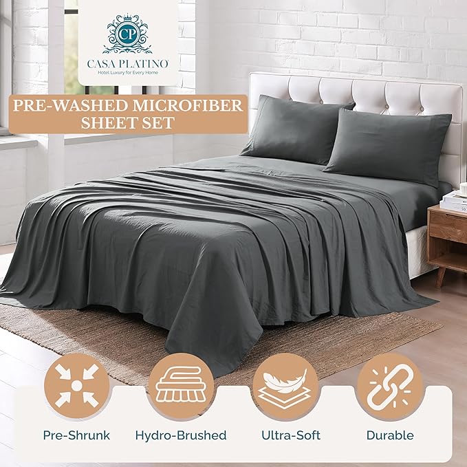 Casa Platino 4Piece Charcoal Microfiber King Sheet Set, Pre-Washed Ultra Soft, Breathable, Deep Pockets - Bed Linen Set