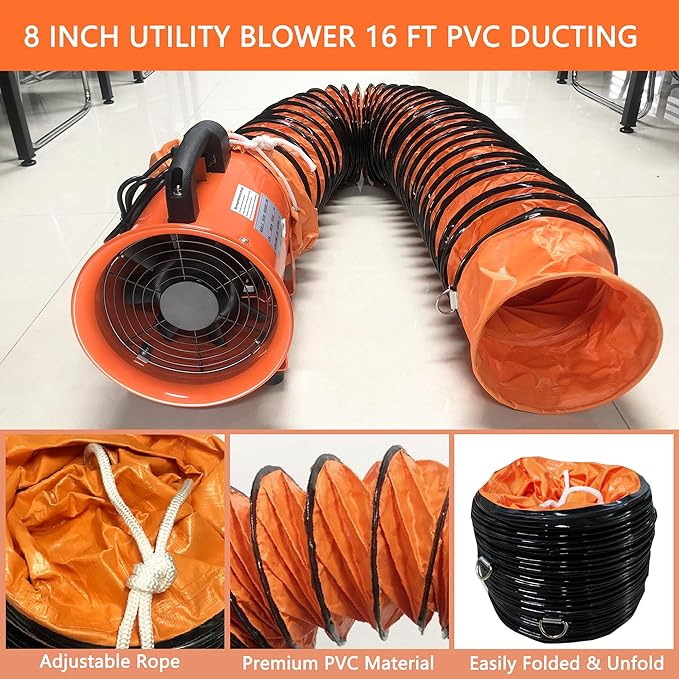 FICBXRA Utility Blower Fan 8 Inch Portable Axial Exhaust Fan 230W/2A 900CFM High Velocity Ventilator with 16FT Duct Hose for Exhausting & Ventilating at Home and Job Site