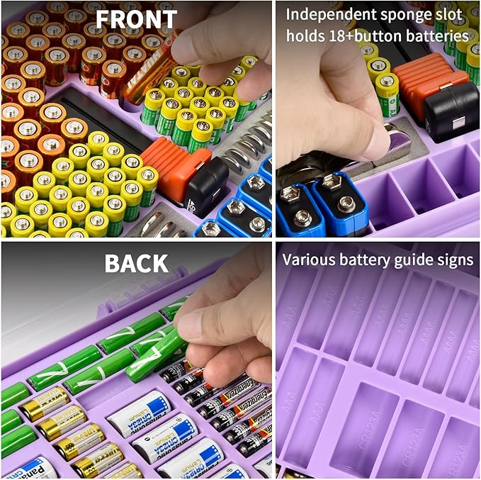 Aptbyte Battery Organizer Storage Holder Box Case with Tester- 269 Batteries Double-Sided Variety Pack, Holds AA AAA 4A C D Cell 9V 3V Lithium LR44 CR2 CR123 CR1632 18650 Button- Purple (Box Only)