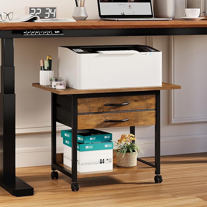 VENNQD Large Printer Stand with Storage Fabric Drawer Under Desk Printer Table with Wheels for Home Office, Printer Cart fit Fax Machine Scanner 23.4"x15.7"(Rustic Brown, 2 Tiers)