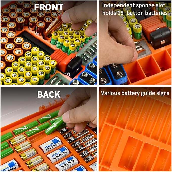 Aptbyte Battery Organizer Storage Holder Box Case with Tester- 269 Batteries Double-Sided Variety Pack, Holds AA AAA 4A C D Cell 9V 3V Lithium LR44 CR2 CR123 CR1632 18650 Button- Orange (Box Only)