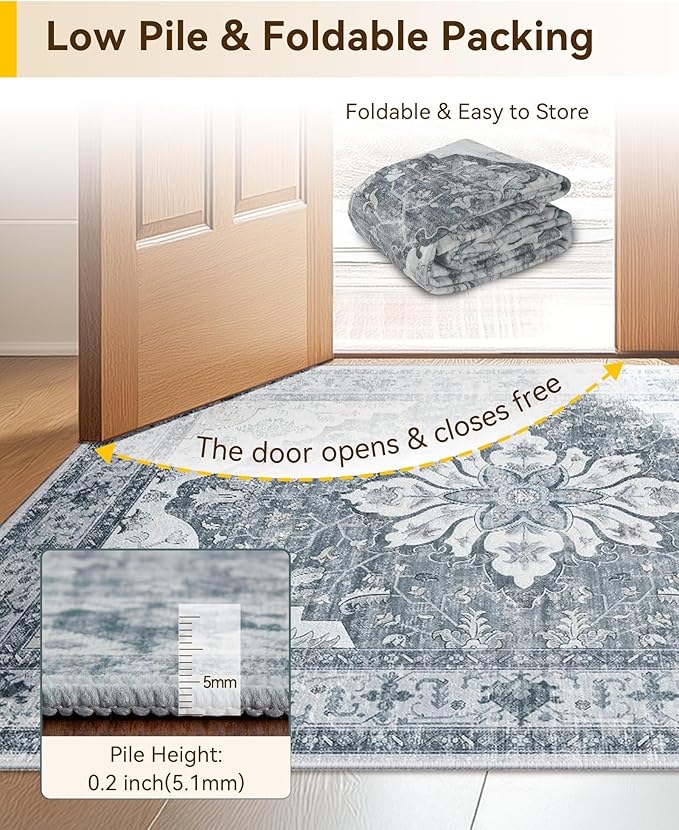 Area Rugs 3'x5' Washable Non-Slip, Floral Vintage Distress Print Pattern Medallion Carpet for Living Room Bedroom Dining Room, Light Gray Grey White