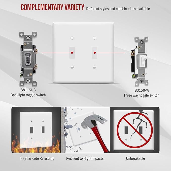 ENERLITES Toggle Switch Wall Plate, 2-Gang 4.88" x 4.92", Mid-Size, UL Listed, 8812M-W-10PCS, White (10 Pack)