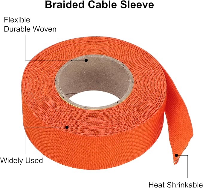 MECCANIXITY Braided Cable Sleeves Heat Shrinkable Fabric Sleeving, 1" 26ft Orange 2:1 Ratio Heat Shrinkable Cord Protector for Harness Cable, Network Cable Protection, Cable Management