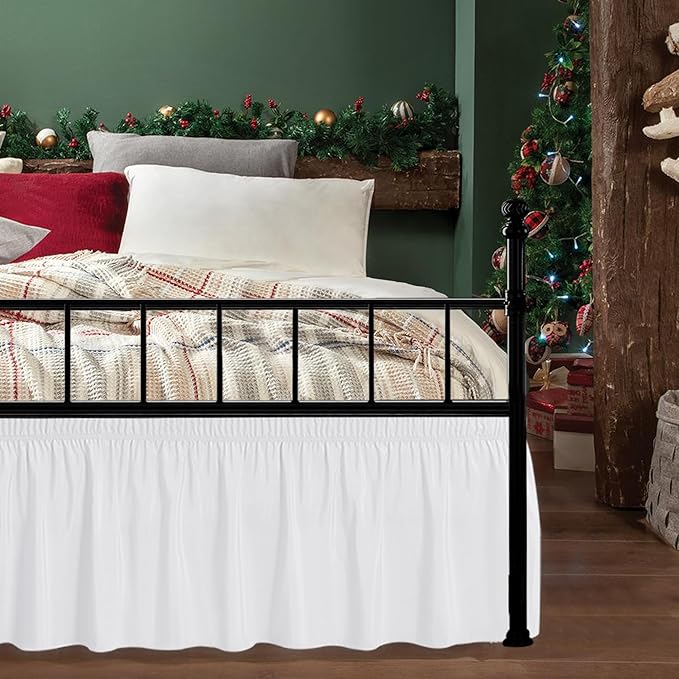 Biscaynebay Wrap Around Bed Skirts with Split Corners for Full Beds 12" Drop, White Adjustable Elastic Dust Ruffles Easy Fit Wrinkle & Fade Resistant Silky Luxurious Fabric Machine Washable