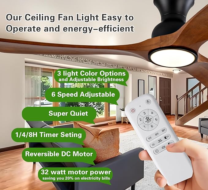 52 Inch Ceiling Fans with Lights and Remote Control, Flush Mount Low Profile Ceiling Fan, 6 Speeds DC Reversible Motor Timing Dimmable Ceiling Light,Outdoor Fan for Bedroom Patio Porch Garage