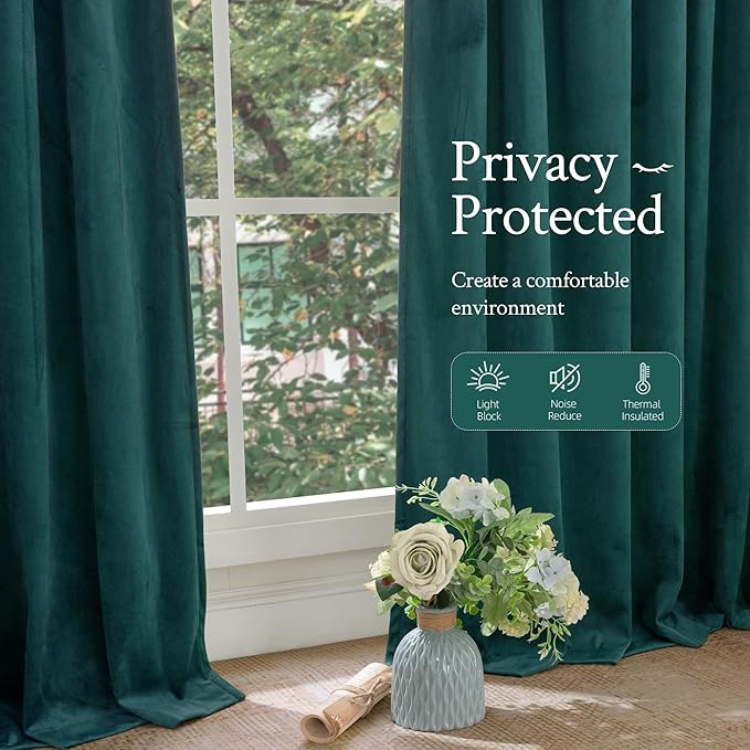 LAMIT Teal Velvet Curtains 90 Inch Length, Thermal Insulated Room Darkening Drapes for Living Room Luxury Privacy Protected Back Tab and Rod Pocket Panels for French Door, 2 Panels, 52 x 90 Inch