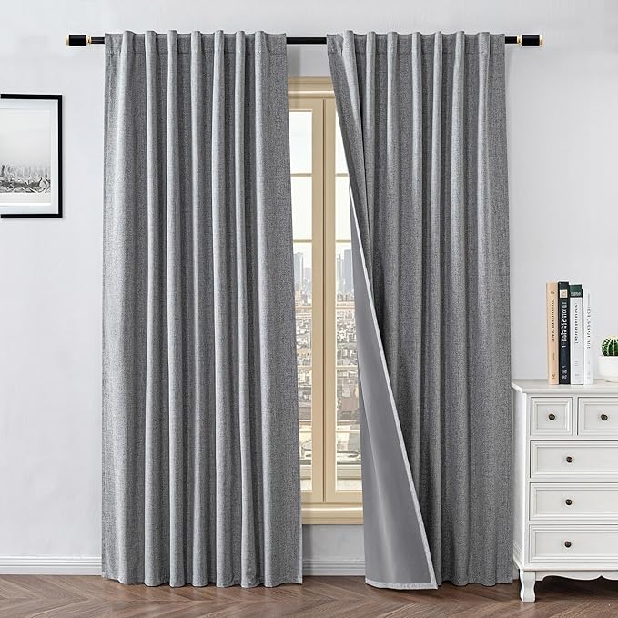 100% Blackout Curtains for Living Room, 90 Inch Curtains 2 Panel Set Light Blocking, Back Tab & Rod Pocket Thermal Insulated Drapes Bedroom Windows Home Decor(52W × 90L inch, Light Grey)