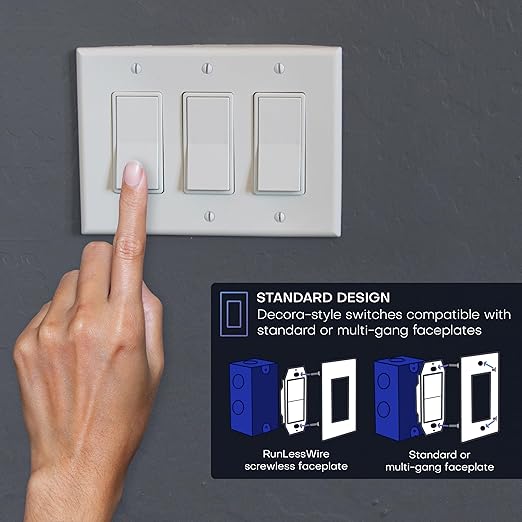 RunLessWire 3-Way Battery-Free DIY Wireless Light Switch Kit 150ft RF Range Self-Powered by Kinetic Energy for Hallways & Stairways: 2 Remote Switches Control 1 5A On/Off Receiver – Ivory