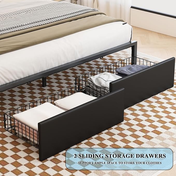 LED Bed Frame Full Size with Bookshelf PU Leather Headboard, 2 Hidden Storage Drawers, Upholstered Platform Bed with Charging Station, Metal Slats Support, Noise Free, No Box Spring Needed