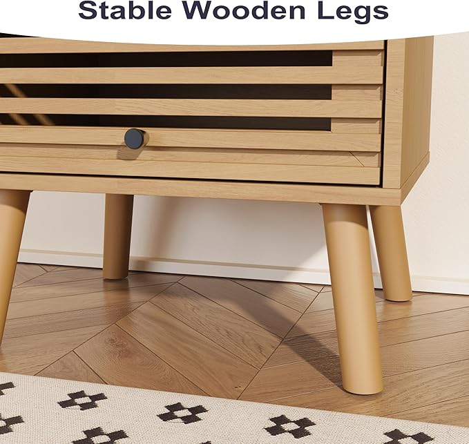 Nightstand Set of 2, Side Table, End Table, Mid Century Modern Nightstand with Hollowed Drawers, Bedside Tables, Small Nightstands with Storage for Bedroom, Oak