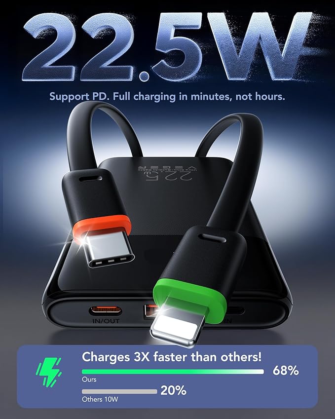 VEGER Portable Charger with Built in Cable, 10000mAh 22.5W Fast Charging USB C Battery Pack, 4 Outputs 3 Inputs Power Bank for iPhone 16/15/14/13 Series, iPad, Samsung, Android, Tablet, Black(1 Pack)