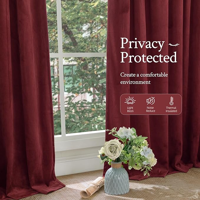 LAMIT Burgundy Red Velvet Curtains 96 Inch for Living Room, Vintage Thermal Room Darkening Panels Privacy Back Tab and Rod Pocket Christmas Drapes for Bedroom/Theater, 2 Panels, 52 x 96 Inch