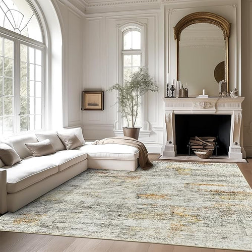 9x12 Area Rugs for Living Room, Non Slip Machine Washable Vintage Rugs, Low Pile Lightweight Large Rug for Bedroom, Dining Room, Home Office Gray Rust