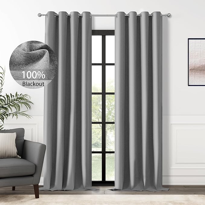 ChrisDowa 100% Blackout Grey Solid Curtains 102 Inches Long 2 Panels for Bedroom Living Room,Farmhouse Room Darkening Thermal Insulated Soundproof Grommet Top Window Treatment Drapes,52x102