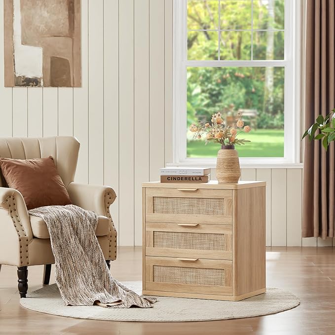 LEYAOYAO Rattan Dresser and Nightstand Set of 2, Boho Wood Dresser for Bedroom with 6 Drawers and Night Stand with 3 Drawer, Bedroom Furniture, Dressers & Chests of Drawers, Living Room, Hallway