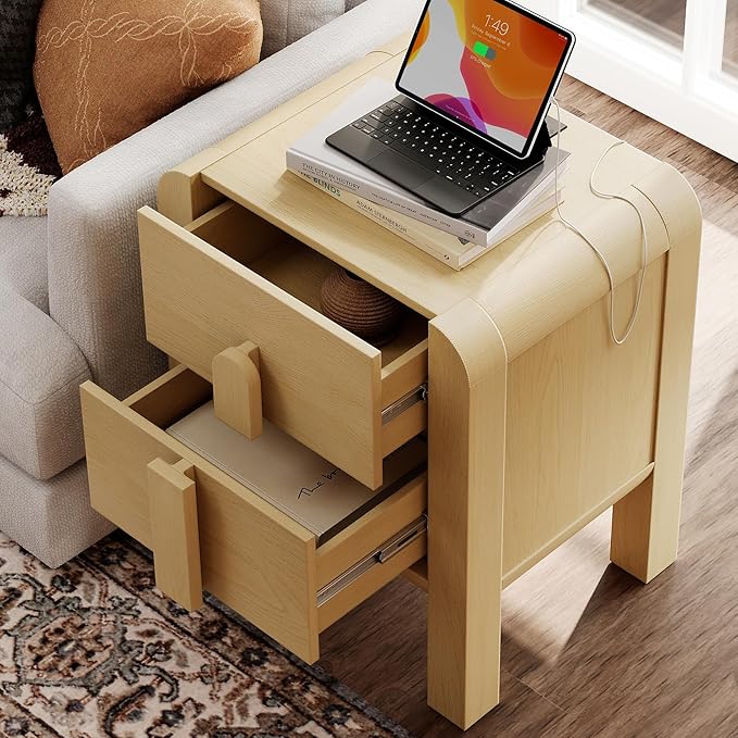 WAMPAT 23.7" Tall Modern Nightstand with Charging Station,Wood Bedside Table w/2 Storage Drawers,Curved Profile Design,Sofa Side Table End Table for Bedroom, Living Room, Oak