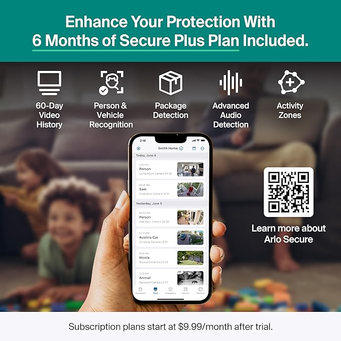Arlo Essential Pan Tilt Security Camera 2K + 6 Months of Secure Plus Plan - Wired Plug-in Power Outdoor Camera, Person Recognition, Package Detection, Animated Preview, Auto Motion Tracking, 2 Cam