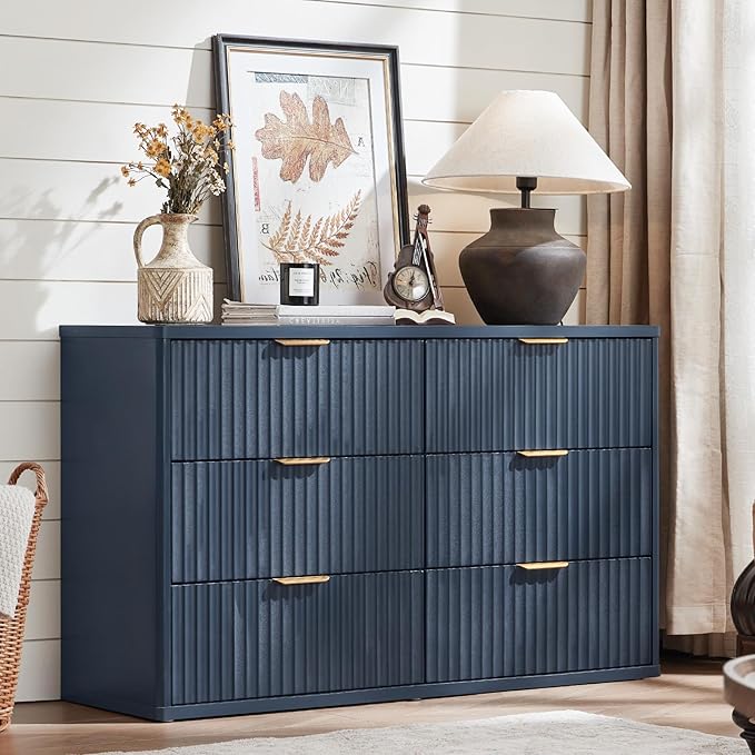LEYAOYAO Fluted Dresser and 3 Drawers Nightstand Set of 2, Wood 48" Wide Dresser & 23" Night Stand with Charging Station, 3 Piece Bedroom Furniture Set, Chest of Drawers for Home,Living Room,Nave Blue