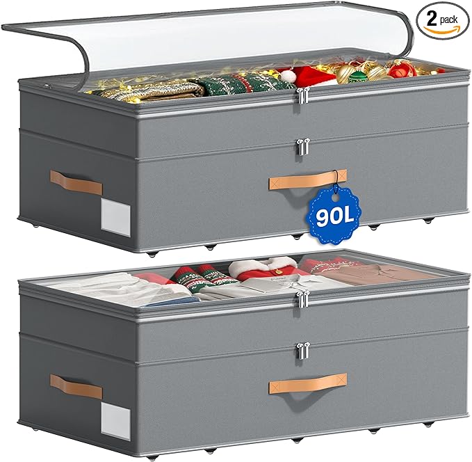 Under Bed Storage with Wheels, 2-Pack Underbed Storage Containers, No Assemble 11 inches 90L XXL Large Adjustable Storage Bins with Clear Lids, Rolling Storage for Clothes, Shoes, Blankets, Gray