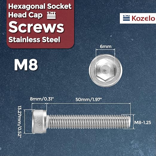 Kozelo 10pcs Socket Head Cap Screws - [M8-1.25 x 50mm] 304 Stainless Steel Allen Socket Drive for Electrical Motor 3D Printing Fan Engine Replacement Use, Silver