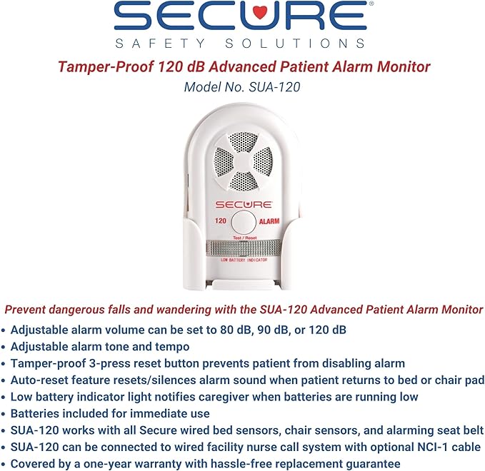 Secure Chair Alarm for Elderly Dementia Patients - 12x12 in Pressure Sensor Pad, 80-120 dB Monitor - Fall Prevention Devices, Monitoring Kit Caregiver Alert, Perfect Complement to Bed Alarm